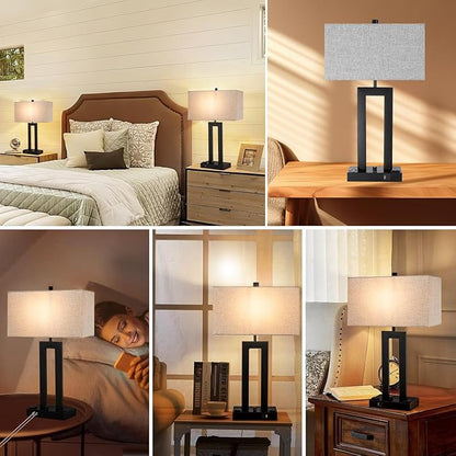 Modern Table Lamps Set of 2-22" Tall Bedside Lamps with USB-C/USB-A Charge Ports & Outlet, Stepless Dimmable Fabric Gray Shade Nightstand Lamps for Bedroom & Living Room