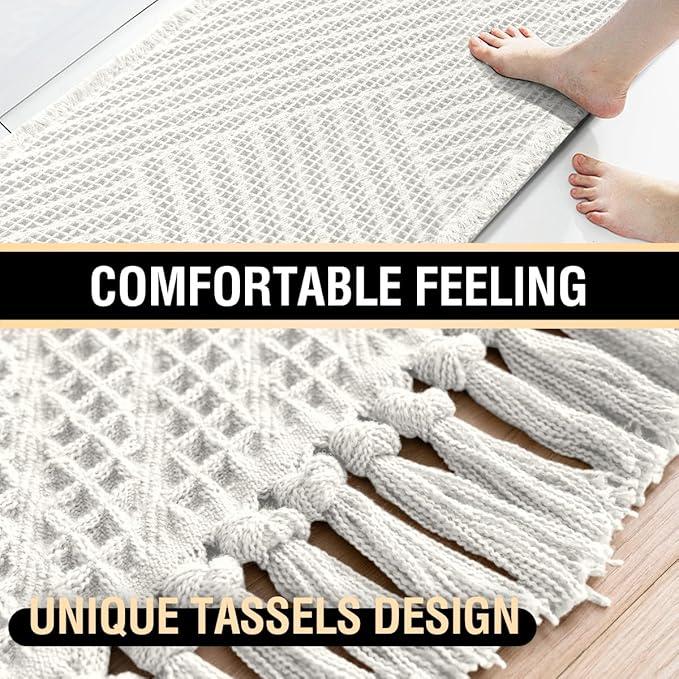 H.VERSAILTEX Waffle Bath Mat Super Absorbent Boho Bath Mat Non Slip Bath Rugs for Bathroom Floor Machine Washable Dry Fast Bathroom Rugs with Tassels, 17" x 24", Ivory White