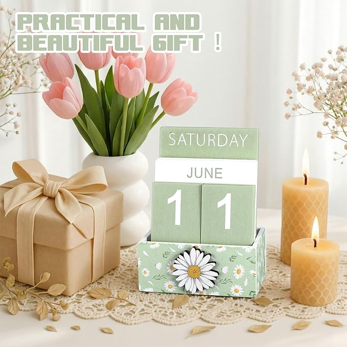 Green Daisy Flower Wood Block Perpetual Calendar Coquettish Desk Decor Cute Month Week Date Display Decorative Block Calendar for Women Office Home Desk Gift for Women