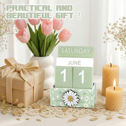 Green Daisy Flower Wood Block Perpetual Calendar Coquettish Desk Decor Cute Month Week Date Display Decorative Block Calendar for Women Office Home Desk Gift for Women