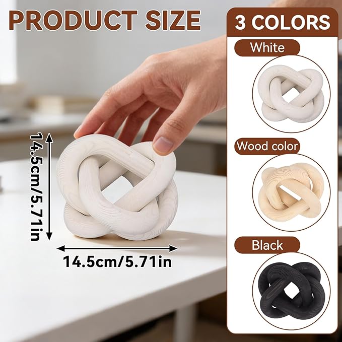 Wood Chain Link Decor, 3 Link Wood Knot Decor Boho Chain Decorative Chains Link Hand Carved Wooden Chains Links for Coffee Table Decor (White)