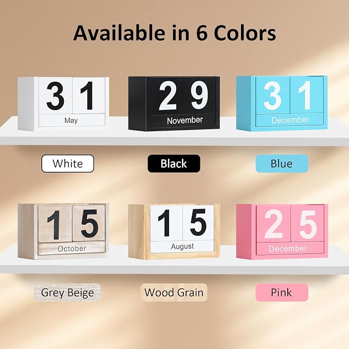 Wooden Block Calendar for Desk, Small Size Daily Desktop Perpetual Desk Calendar, Cute Date Display Desk Accessories for Home Office Decor, Teacher, Classroom, Reusable Yearly, Wood Grain