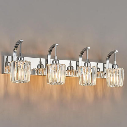 Modern Bathroom Vanity Light, 4-Light Chrome Wall Sconce with Crystal Accents, Over Mirror Bathroom Lighting Fixture, 32.67" Long Dimmable Vanity Lamp for Makeup, Easy Installation