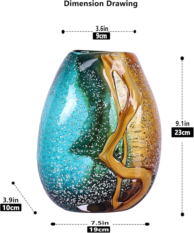 Teal Glass Vase,Hand Blown Green Glass Flower Vases Bulk,Murano Glass Vases,Unique Table Glass Decor, Flowers with Vase Decorative,Teal Vase Decor,for Bookshelf,Living Room,Office,Gift (S)