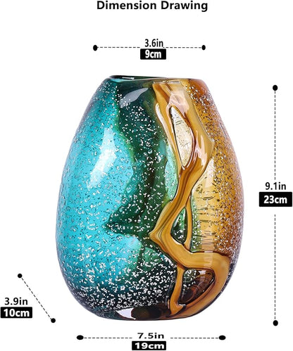 Teal Glass Vase,Hand Blown Green Glass Flower Vases Bulk,Murano Glass Vases,Unique Table Glass Decor, Flowers with Vase Decorative,Teal Vase Decor,for Bookshelf,Living Room,Office,Gift (S)