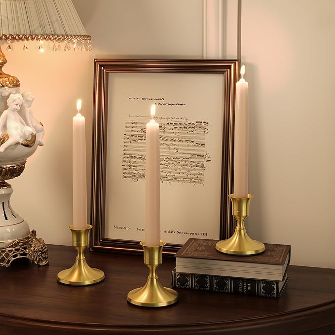 Brass Gold Taper Candle Holders Set of 3, Vintage Metal Candlestick Holders for Dinner Room Table Centerpiece or Mantel Wedding Party Decor