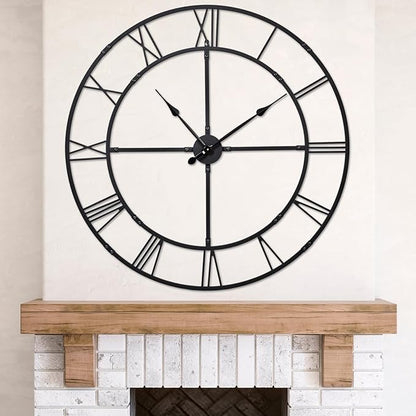 Large Wall Clock for Living Room Decor – 32 Inch Silent Non-Ticking Modern Farmhouse Wall Clock, Oversized Decorative Metal Roman Numeral Clock, Black