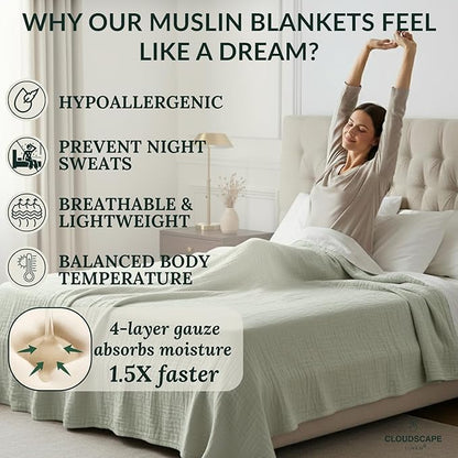 Luxury 100% Cotton Muslin Blanket Twin Size, 4 Layer 68x90 Fits Upto TwinXL Bed, Soft Cotton Gauze Quilt, Layering Winter Blankets for Bed, All Season Seafoam Bedding