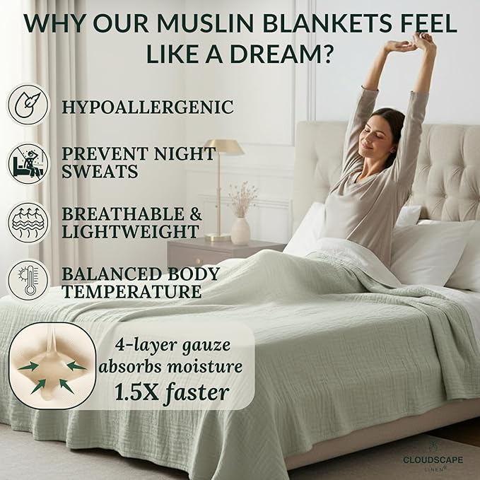 Luxury 100% Cotton Muslin Blanket Queen Size, 4 Layer Oversized 90x90 Fits Upto Full Size Bed, Layering Winter Blankets for Bed, Soft Cotton Gauze Quilt, All Season Seafoam Bedding