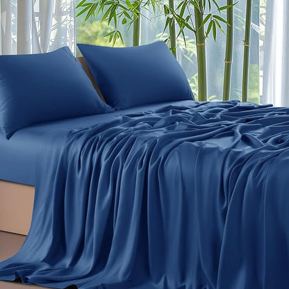 Shilucheng 100% Viscose Derived from Bamboo_ Sheets King Size 4pcs - Ultra Cooling & Silky Soft Bed Sheets, 16" Deep Pocket, Perfect for Hot Sleepers, Hotel Bedding Sheets (Navy Blue)
