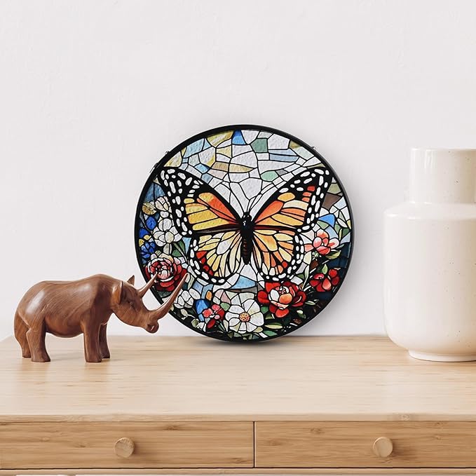 Butterfly Stained Glass Window Hanging, 7.8" Round Sun Catcher Hand Painted Wall Art Decor with Chain, Unique Housewarming Gifts for Couples, Home