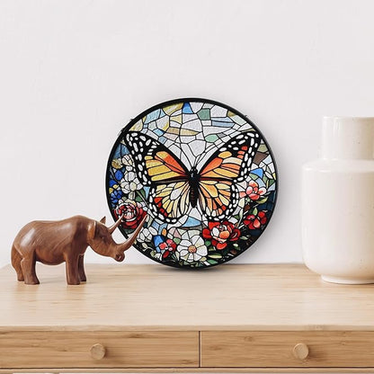 Butterfly Stained Glass Window Hanging, 7.8" Round Sun Catcher Hand Painted Wall Art Decor with Chain, Unique Housewarming Gifts for Couples, Home
