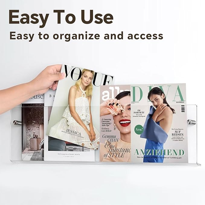 2 Pack Acrylic Magazine Holder,Clear Wall Mounted Magazine Rack Floating Bookshelf for Office,Living Room,Waiting Room Vinyl Record,Book Display Rack(Clear,17 Inch)