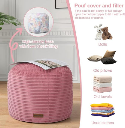 MeMoreCool Stuffed Round Pouf Ottoman Foot Rest, Soft Plush Floor Pouf Foot Stool, Corduray Footstool Footrest, Small Round Ottoman for Living Room Couch Sofa Chair, 20x15 Inch Pink