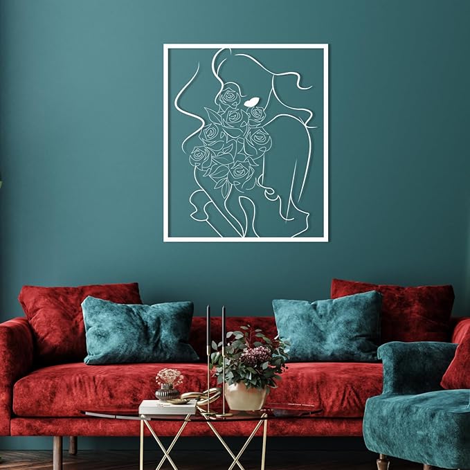 Metal Women Floral Wall Art - Modern Abstract Metal Line Wall Art, Minimalist Flower Wall Decor, Female Room Decor for Bedroom, Living Room (Black, 39x33in|100x83cm)