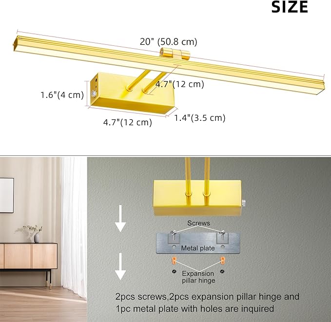 FUNCHDAY Picture Light,Battery Art Lights for Wall,Wireless Remote Painting Light with Timer and Dimmable,20”Metal Display Lighting for Artwork,Portrait,Gallery-Brass