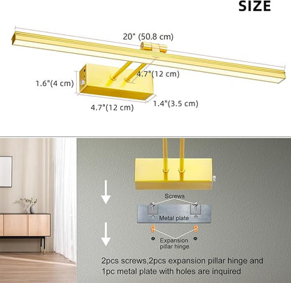 FUNCHDAY Picture Light,Battery Art Lights for Wall,Wireless Remote Painting Light with Timer and Dimmable,20”Metal Display Lighting for Artwork,Portrait,Gallery-Brass