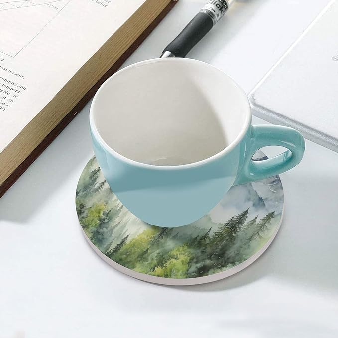 Round-6PCS Forest Ceramic Coasters, Round Absorbent Drink Coasters, Watercolor Style Nature Woodland Green Forest Mountain Plant Ceramic Table Coasters for Coffee, Beverage, Wine, Beer Coasters