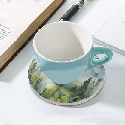 Round-4PCS Forest Ceramic Coasters, Round Absorbent Drink Coasters, Watercolor Style Nature Woodland Green Forest Mountain Plant Ceramic Table Coasters for Coffee, Beverage, Wine, Beer Coasters