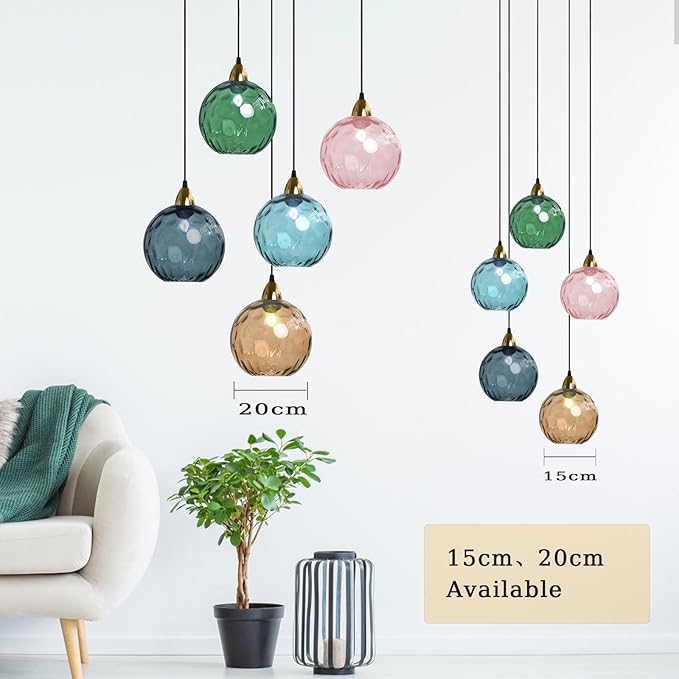 20cm/7.9’’ Industrial Vintage Spherical Glass Pendant Light, E26 Ceiling Hanging Lamp, Gold Finish & Ripple Glass Globe Shade, Dining Room Bedroom Chandelier (Green)
