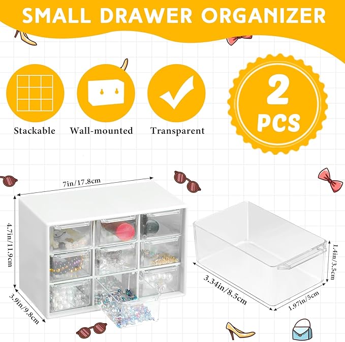 Wenqik 2 Pcs Mini Storage Drawers Teacher Toolbox Organizer with 9 Clear Drawers Small Plastic Desktop Teacher Desk Craft Organizer for Classroom Office 7" x 3. 9" x 4. 7"(White)