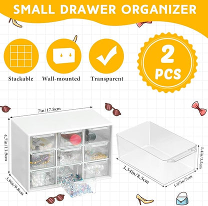 Wenqik 2 Pcs Mini Storage Drawers Teacher Toolbox Organizer with 9 Clear Drawers Small Plastic Desktop Teacher Desk Craft Organizer for Classroom Office 7" x 3. 9" x 4. 7"(White)