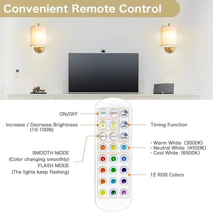 Rechargeable Battery Operated Wall Sconces Set of 2 Wireless Wall Lights with Remote Control 12 RGB Colors Magnetic Bulbs 5200mAh Battery Wireless Sconces for Bedroom Living Room (Gold)