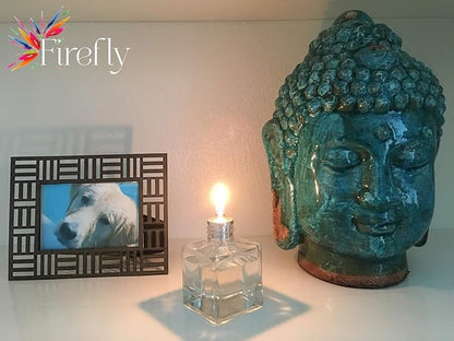 Firefly Fuels Refillable Glass Liquid Candle. Vintage-Look Aura Petite 2.75-oz Reusable Oil Candle for Restaurant Ambience, Indoor Lighting, and Outdoor Events. Use with Liquid Paraffin or Lamp Oil