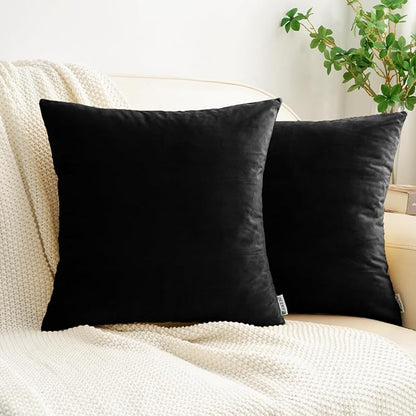 HWY 50 Black Velvet Throw Pillow Covers 22x22 Inch, Pack of 2 Soft Cozy Solid Decorative Luxury Cushion Cases for Couch Sofa Bed Living Room Bedroom