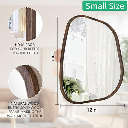 Asymmetrical Accent Mirror for Wall Irregular Oval Wood Frame Modern Unique Wall Mirrors Decorative Boho Vanity Bathroom Living Room Bedroom Entryway Hallway Artistic Wavy Mirror Small 16"x12"