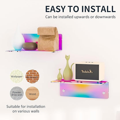 Sezanrpt 8 Inch Iridescent Shelf for Wall, Acrylic Small Floating Shelf, Home Wall Shelf Organizer for Room Storage, Room Décor, Space Saving, 4'' Depth, 2 Pack