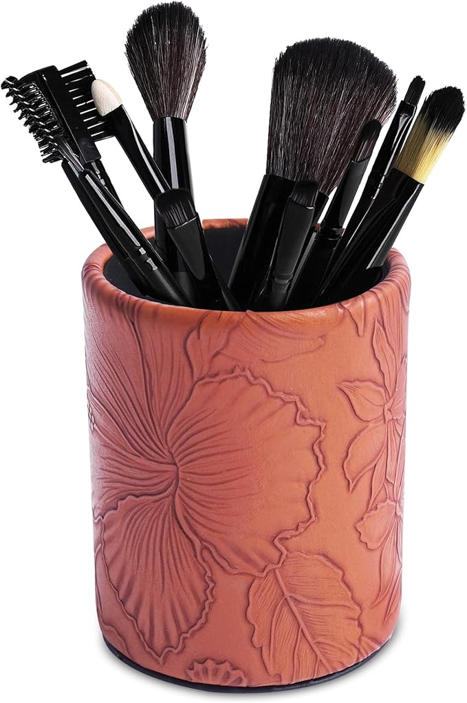 PU Leather Pen Holder Round Flash Makeup Brush Holder Desktop Pencil Storage Holder Gift for Desk Office Classroom Home(1-Carved Brown)