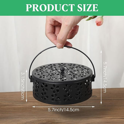 4 Pcs Mosquito Coil Holder Incense Coil Holder, Retro Iron Portable Hanging Outdoor Incense Burner Holder with Handle Round Metal Incense Holder for Home Camping Indoor Outdoor Patio (Black)