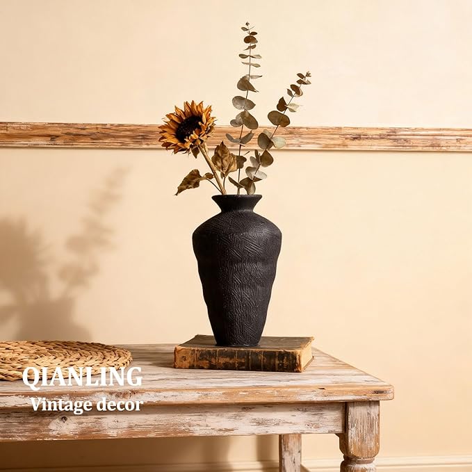 Wabi Sabi Decor Rusty Vintage Vase - 8.7" Tall Rustic Farmhouse Wabi Sabi Vase for Centerpiece, Pottery Stone Flower Vases for Home Decor, Table, Living Room, Bedroom, Bathroom, Kitchen (Black)