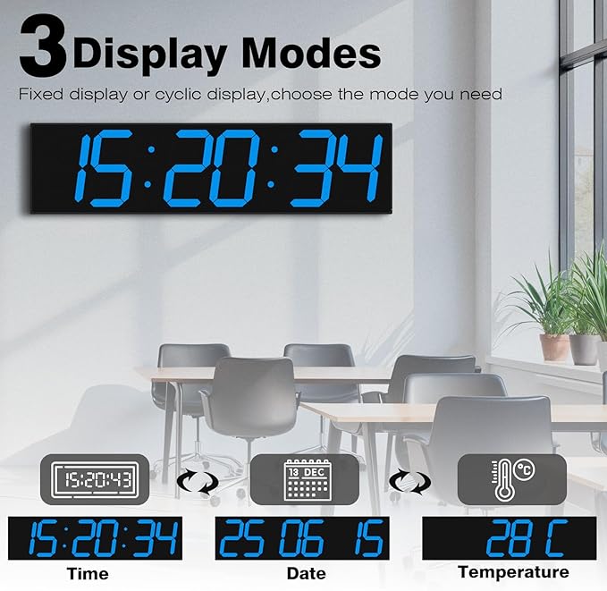 Digital Wall Clock with Large Display, 28.4‘’LED 6-Digit Large Digital Clock with Adjustable Brightness, Multifunction Gym Clock with Countdown,Stopwatch and Workout Interval Timing (Blue)