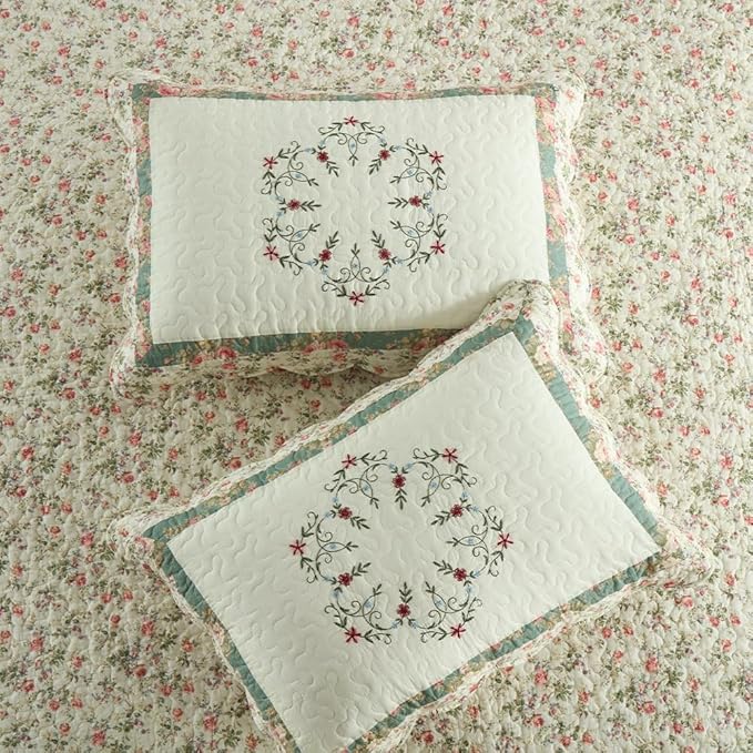 Cotton Bedspread Quilt Bedding Sets, 3 Pieces Reversible Coverlets Comforters Star with Green Floral Real Patchwork Bedspread, King Size