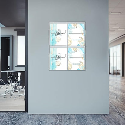 Barydat 4 Pocket Acrylic Brochure Holder Wall Mount Clear Pamphlet Holder Plastic Trifold Multi Slot Flyer Rack Magazine Display Stand Wall Hanging Organizer 11.8 x 8.78 Inch for Office Menu Advertise