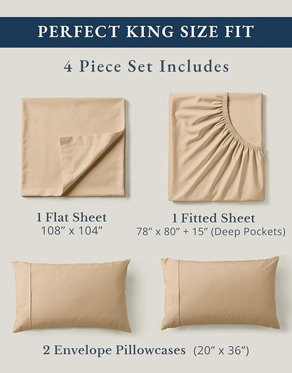 LANE LINEN 100% Organic Cotton Bed Sheets King Size, Fully Elasticized Reinforsed Seams in Fitted Pocket, Machine Washable Naturally Cooling All Season King Sheet Deep Pocket Bedding- Linen