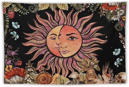 Vintage Sun Tapestry,Boho Hippie Mushroom Plant Botanical Sun and Moon Art Tapestries Wall Hanging for Dorm Living Room Bedroom Decor(40"x60")