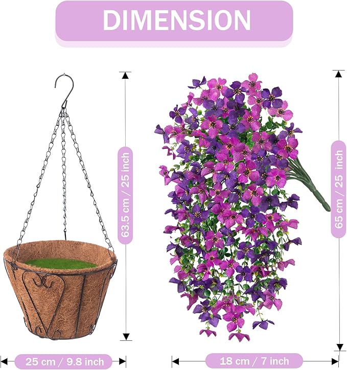 Artificial Hanging Flowers Plants with Basket for Outdoors, Realistic Faux Silk Daisy Flower Eucalyptus for Spring Decor, UV Resistant Fake Plants for Porch Patio Yard Balcony, Violet