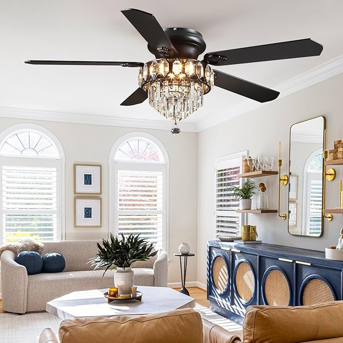 Asyko Crystal Ceiling Fan Fandelier with Lights - 52" Outdoor Fans with Remote Control，Noiseless DC Motor, Retro/Farmhouse Lighting, Dining Room,Living Room