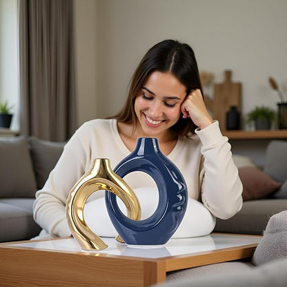 LCCCK Blue and Gold Ceramic Vases for Home Decor, Boho Vase for Flowers Pampas Grass Decorative, Navy Blue Hollow Donut Small Vase for Living Room Table Wedding Centerpiece Modern Vases