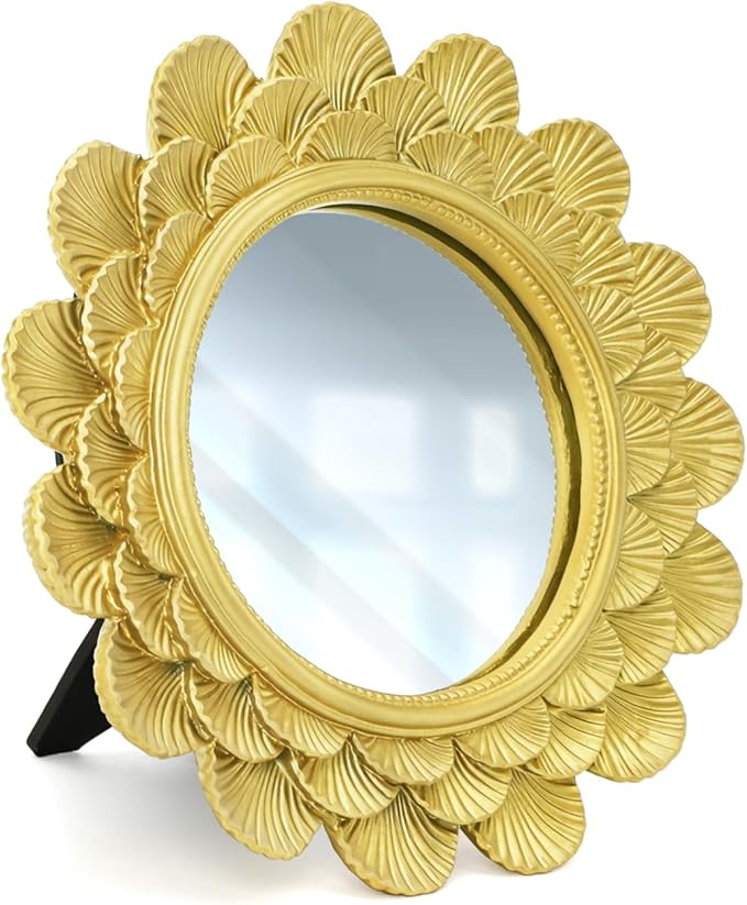 6.5" Vintage Vanity Makeup Desk Mirror, Small Gold Round Mirror for Table, Antique Scallop Edged Wall Mirror Decorative for Living Room Bedroom Dressing Tabletop