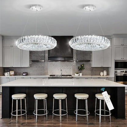 Modern Chandelier Crystal LED Dimmable Ring Pendant Lights Adjustable Hanging Lighting Chandeliers Fixtures for Dining Room Bedroom Kitchen Island Table Silver Light