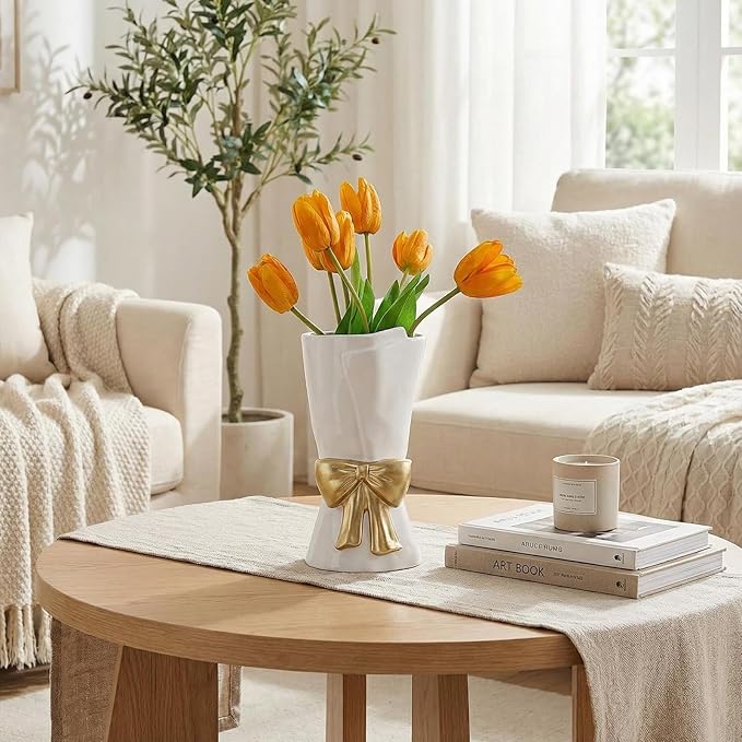 Fully Glazed White Ceramic Gold Bow Vase 9.64 in Unique Cute Modern Decorative Bouquet Flower Vases for Home Living Room Table Valentine's Day Decor Women Girl Gifts