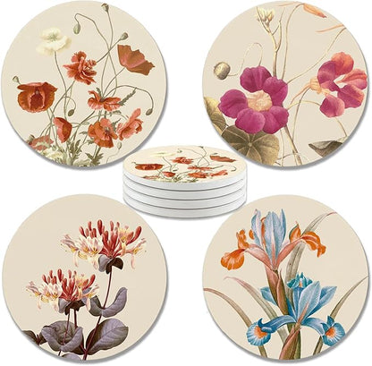 zcyhtqp, Funny Absorbent Round Ceramic Stone Coasters Set of 4 with Cork Base,Vintage Floral Ceramic Coaster, Gifts for Home, Kitchen, Bar, Coffee Table, Office Table Décor