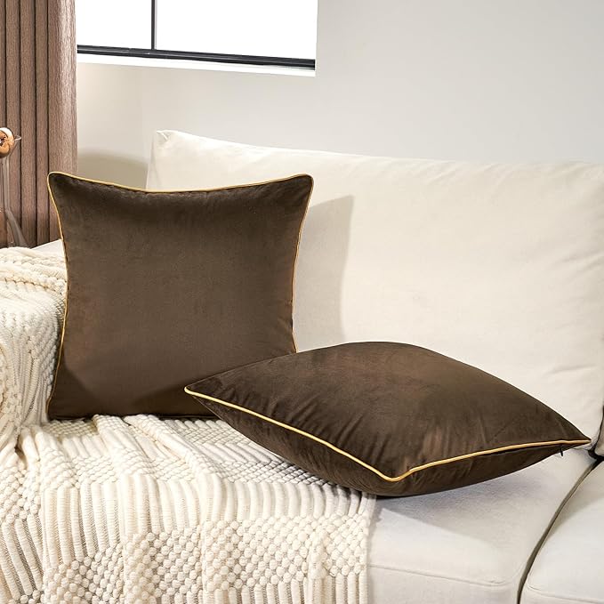 Aeckself Pack of 2 Dark Brown Velvet Pillow Covers 24 x 24 Inch, Large Modern Luxury Decorative Pillowcase with Gold Trim Edge, Comfortable Soft Solid Cushion Case for Couch Bedroom Living Room