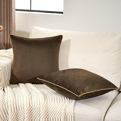 Aeckself Pack of 2 Dark Brown Velvet Pillow Covers 24 x 24 Inch, Large Modern Luxury Decorative Pillowcase with Gold Trim Edge, Comfortable Soft Solid Cushion Case for Couch Bedroom Living Room