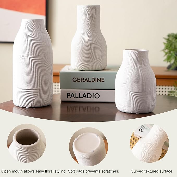 Decorative White Ceramic Vase Set for Modern Boho Home Decor – Set of 3 Textured Pottery Vases for Dried Flowers, Pampas Grass, Living Room, Shelf, or Entryway Display