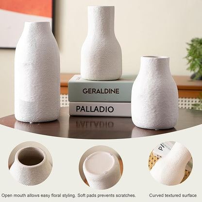Decorative White Ceramic Vase Set for Modern Boho Home Decor – Set of 3 Textured Pottery Vases for Dried Flowers, Pampas Grass, Living Room, Shelf, or Entryway Display